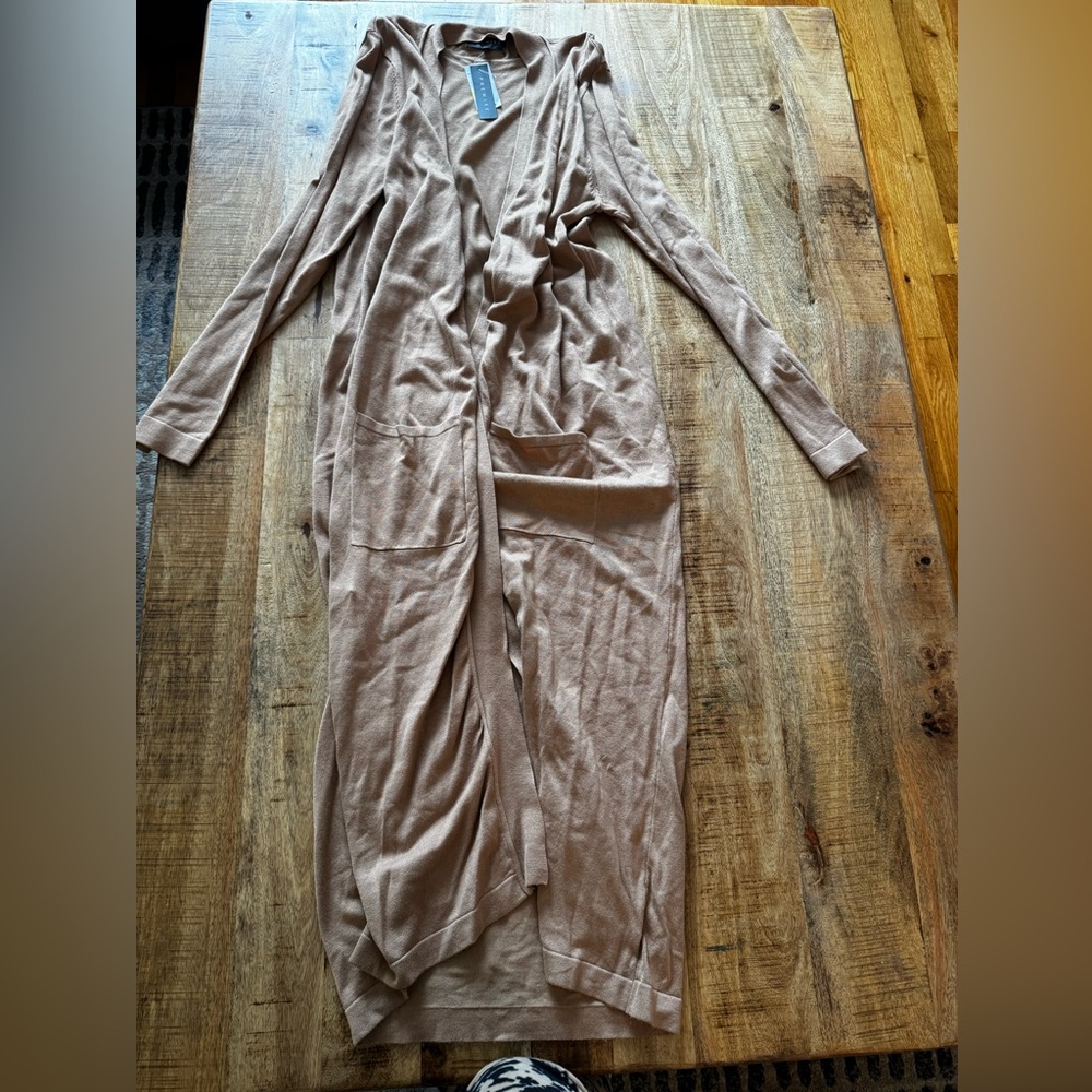 PREMISE Beige tan Knit maxi long duster Cardigan pockets rayon nylon blend